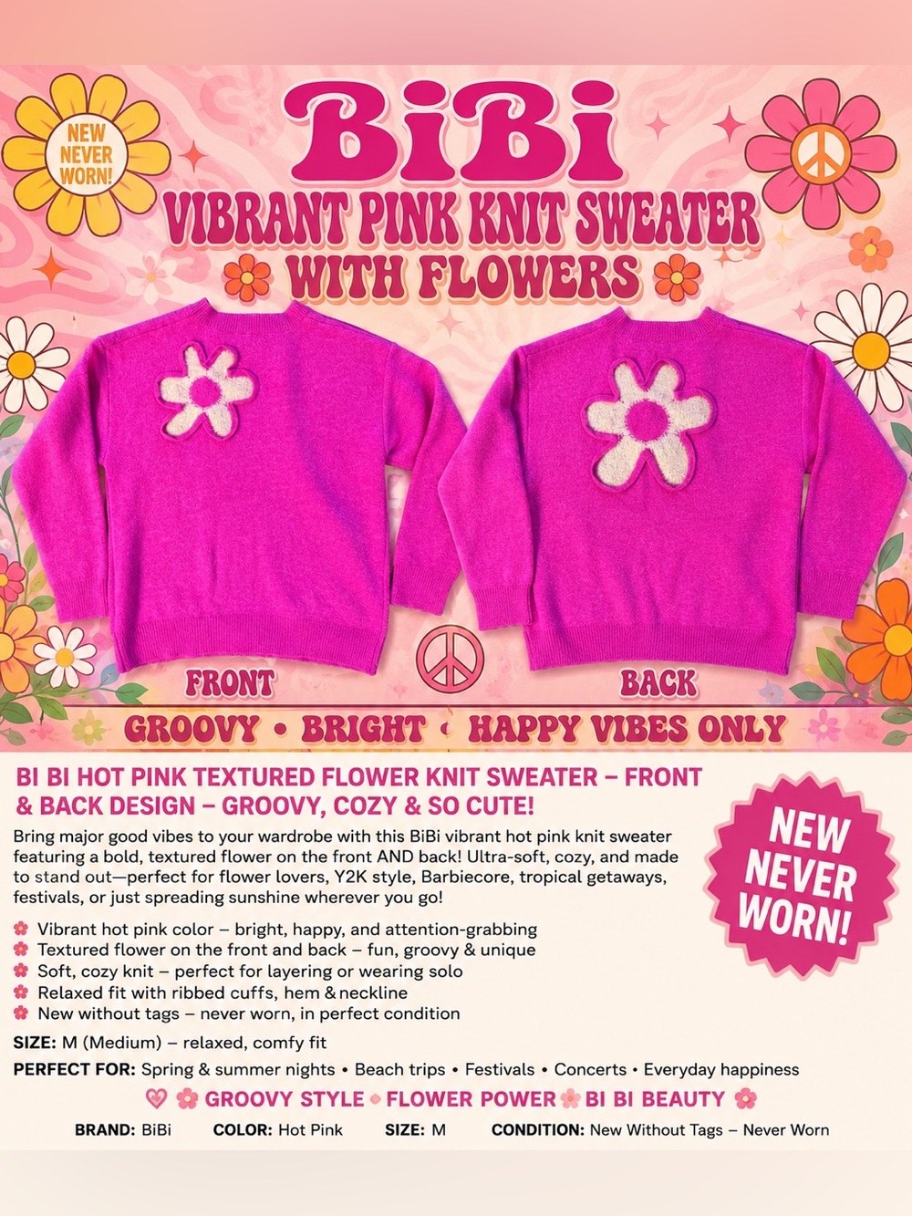Bibi Pink Flower Knit Sweater Medium Retro Groovy Boho/Y2KCozy/Pullover